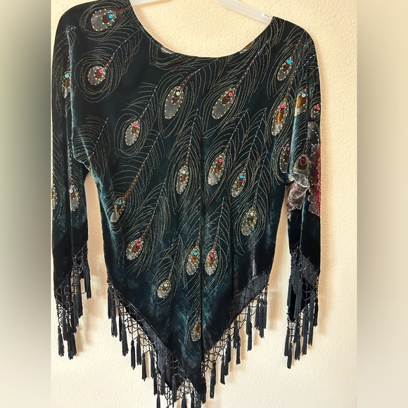 Gorgeous Blouse Tops Poncho Style Rich Velvet, Peacock embroidery beaded tassels - Picture 5 of 9